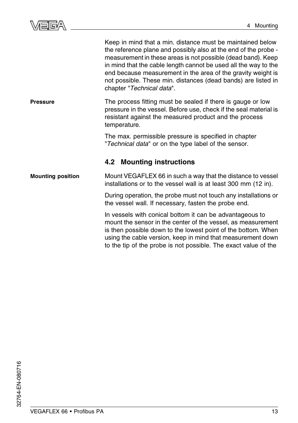 2 mounting instructions | VEGA VEGAFLEX 66 (-110…+400°C) Profibus PA User Manual | Page 13 / 68