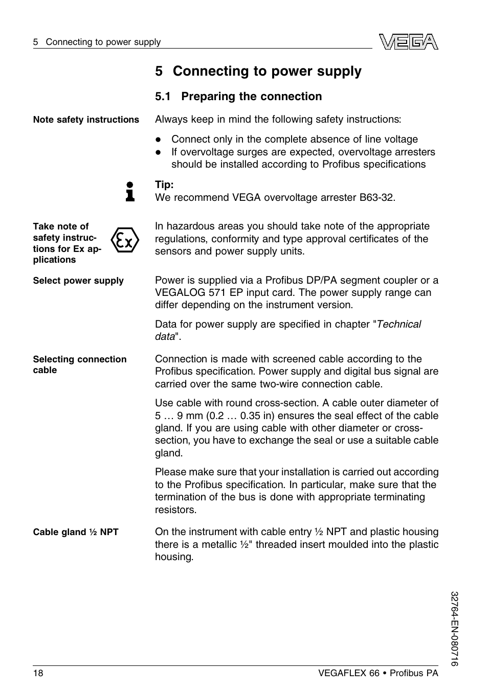 5 connecting to power supply, 1 preparing the connection | VEGA VEGAFLEX 66 (-110…+400°C) Profibus PA User Manual | Page 18 / 68