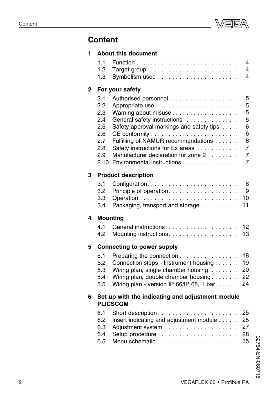 Content | VEGA VEGAFLEX 66 (-110…+400°C) Profibus PA User Manual | Page 2 / 68