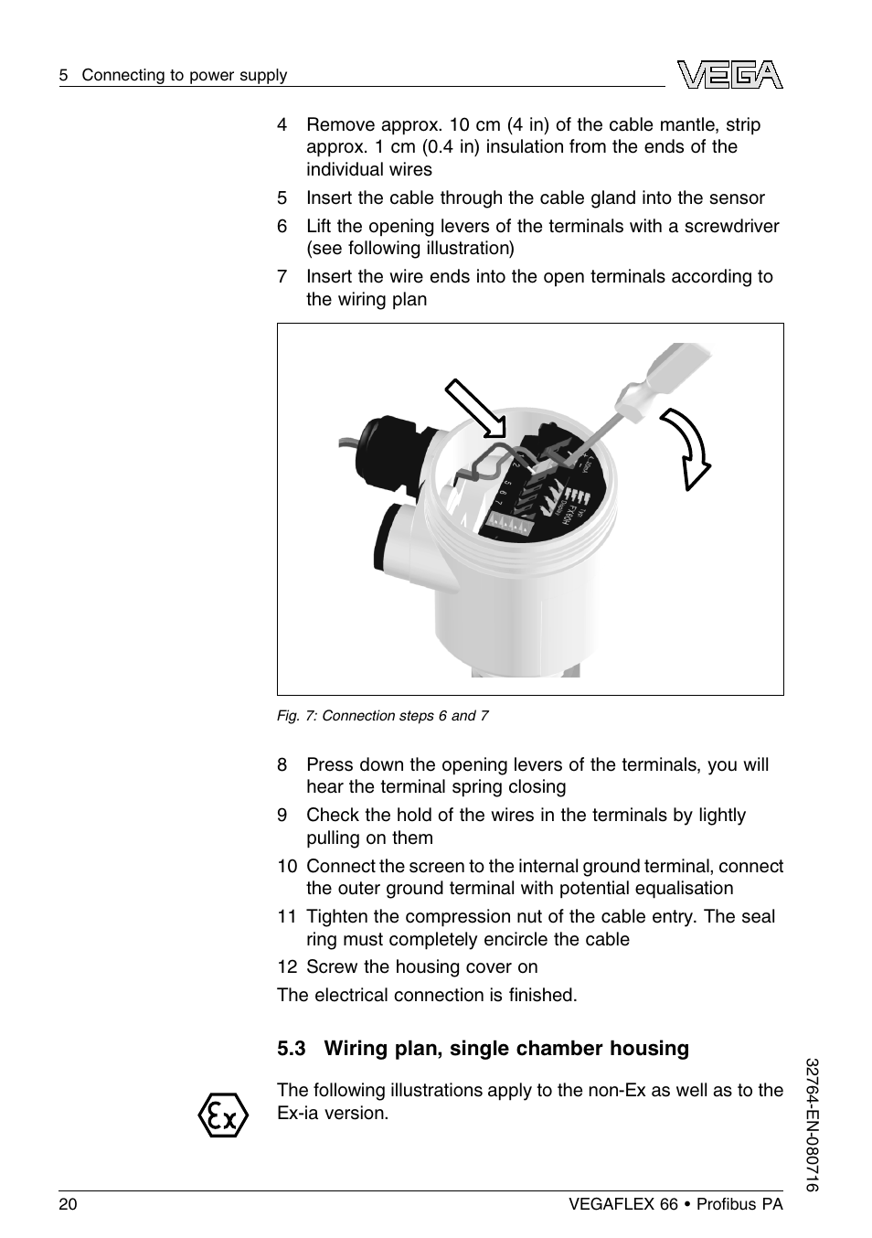 3 wiring plan, single chamber housing | VEGA VEGAFLEX 66 (-110…+400°C) Profibus PA User Manual | Page 20 / 68