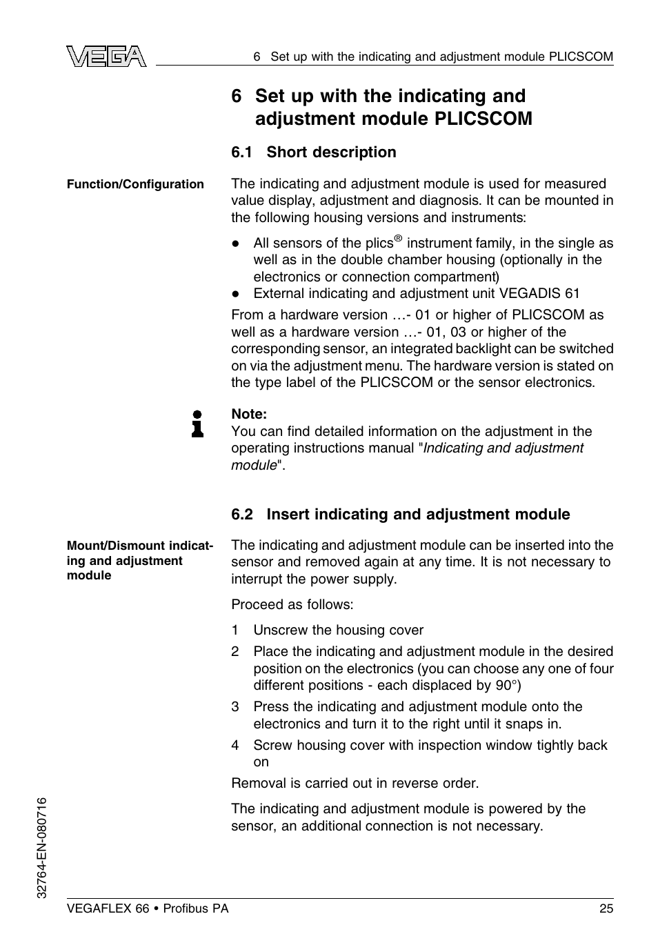 1 short description, 2 insert indicating and adjustment module | VEGA VEGAFLEX 66 (-110…+400°C) Profibus PA User Manual | Page 25 / 68