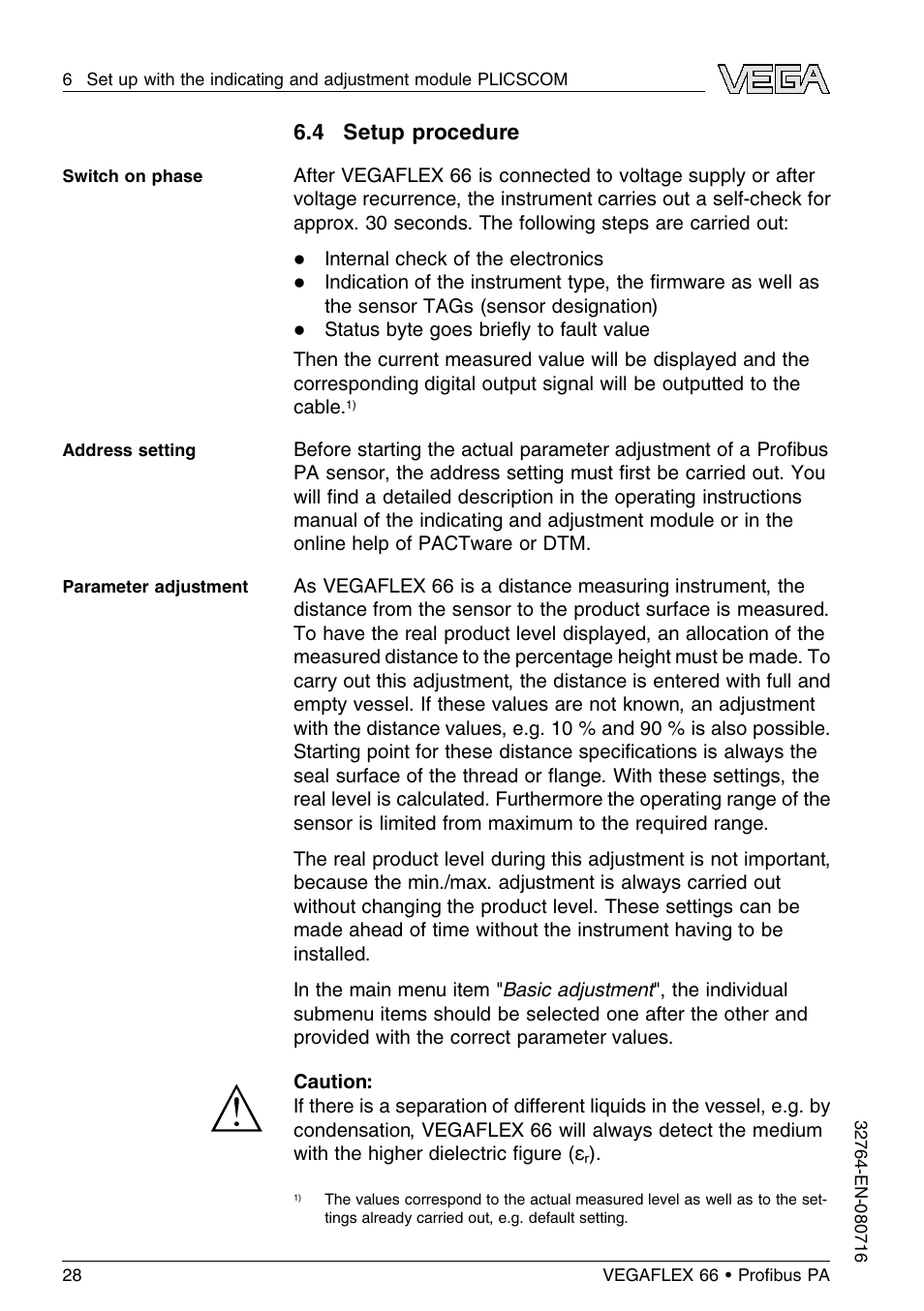 4 setup procedure | VEGA VEGAFLEX 66 (-110…+400°C) Profibus PA User Manual | Page 28 / 68