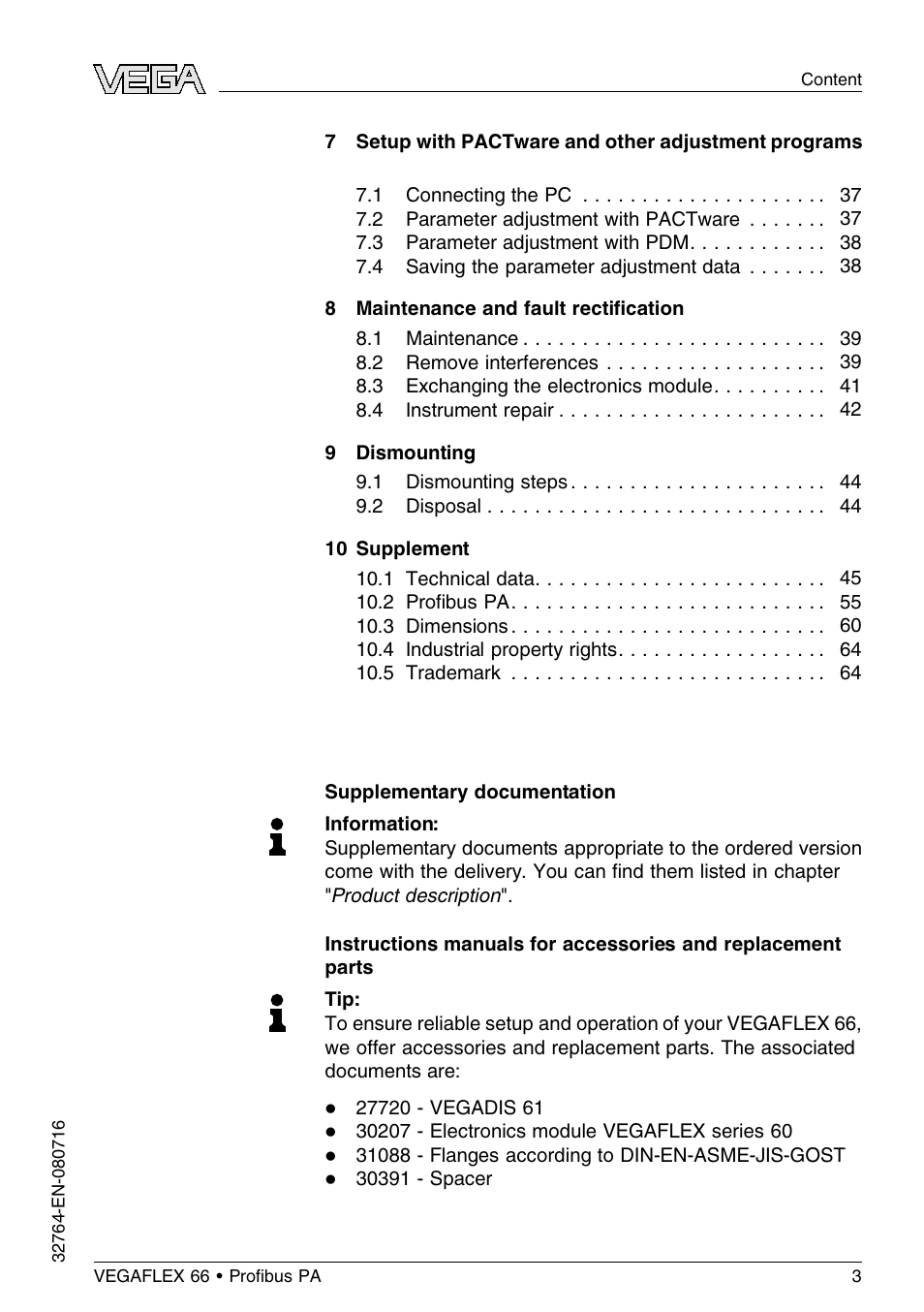 VEGA VEGAFLEX 66 (-110…+400°C) Profibus PA User Manual | Page 3 / 68