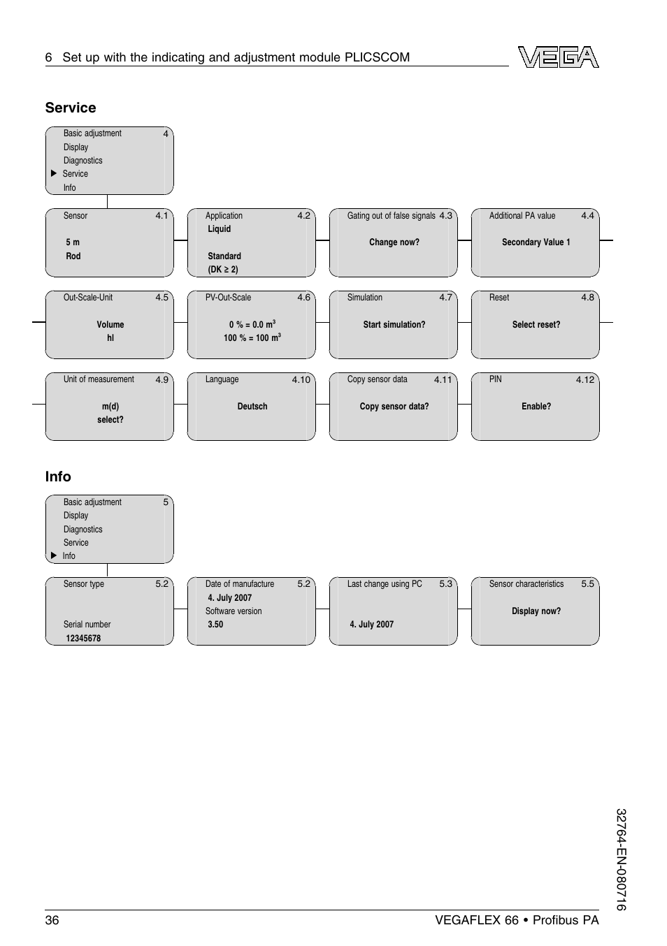 Service, Info | VEGA VEGAFLEX 66 (-110…+400°C) Profibus PA User Manual | Page 36 / 68