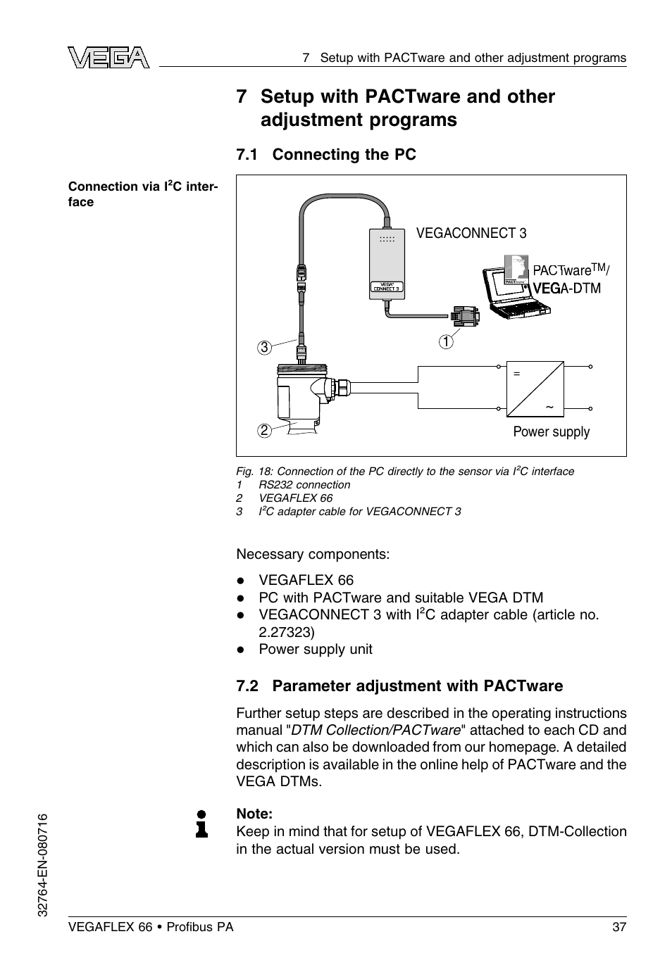 1 connecting the pc, 2 parameter adjustment with pactware | VEGA VEGAFLEX 66 (-110…+400°C) Profibus PA User Manual | Page 37 / 68