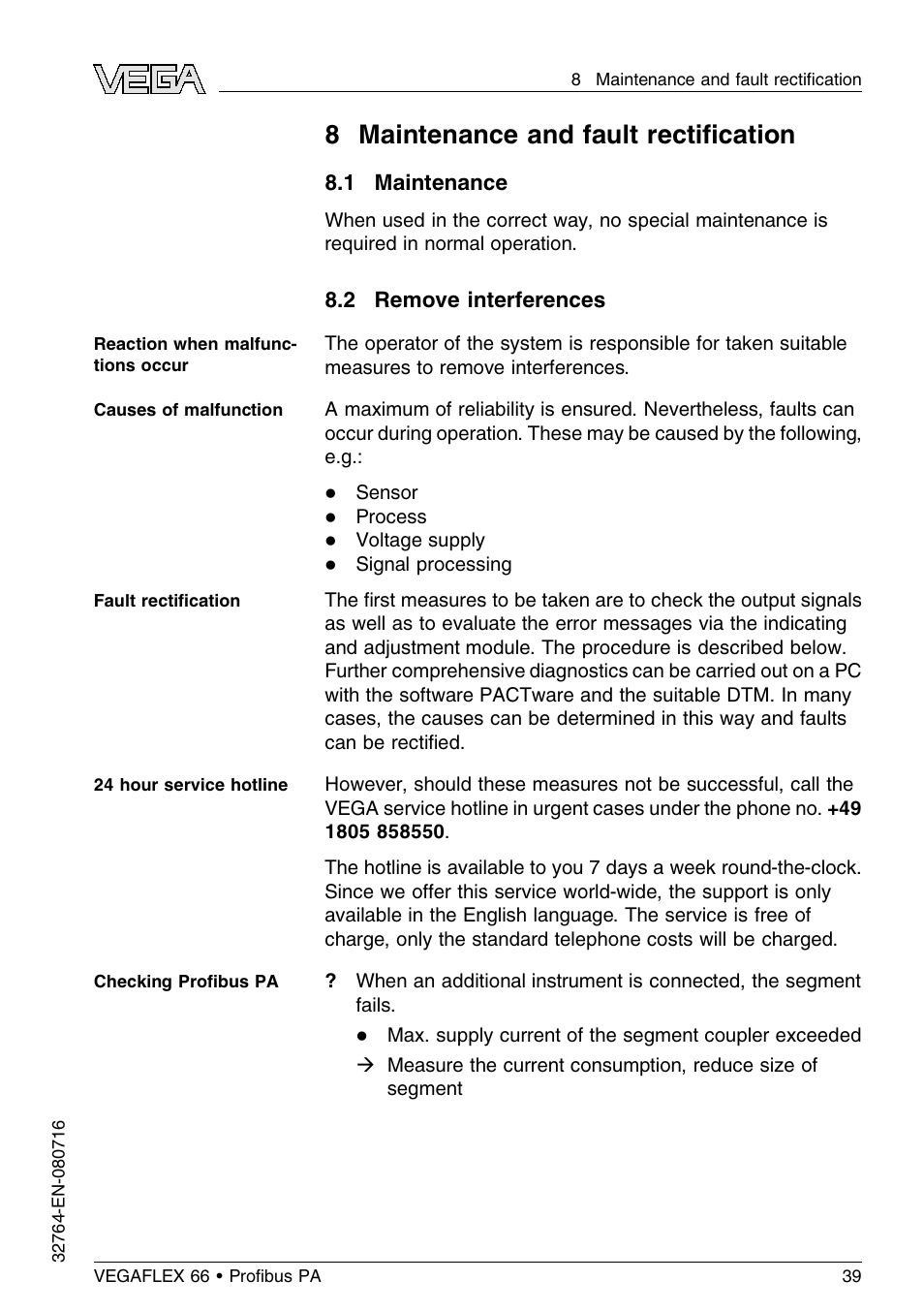 8 maintenance and fault rectification, 1 maintenance, 2 remove interferences | 8 maintenance and fault rectiﬁcation | VEGA VEGAFLEX 66 (-110…+400°C) Profibus PA User Manual | Page 39 / 68
