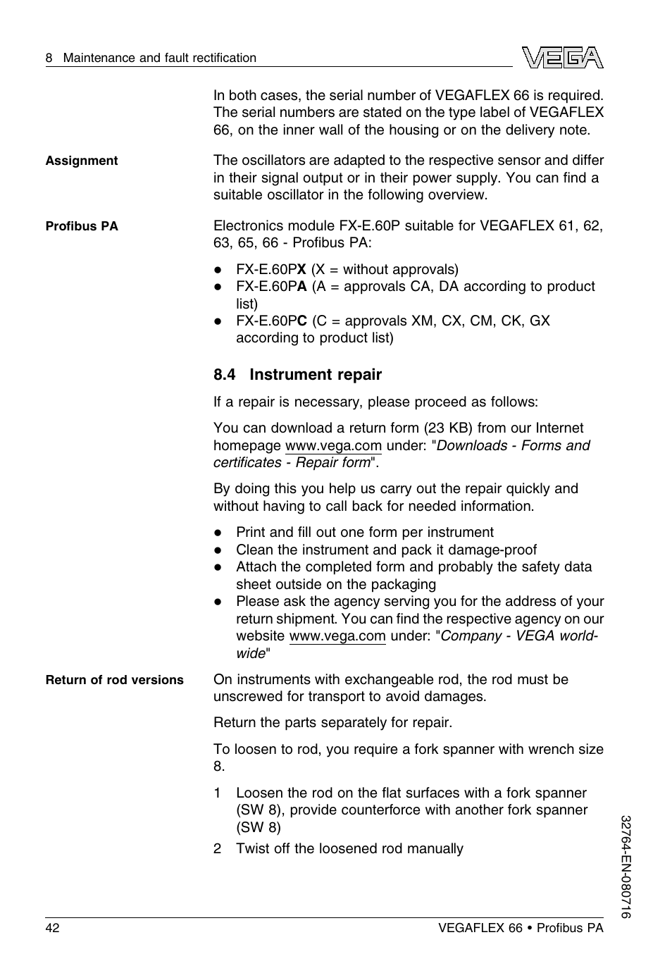 4 instrument repair | VEGA VEGAFLEX 66 (-110…+400°C) Profibus PA User Manual | Page 42 / 68