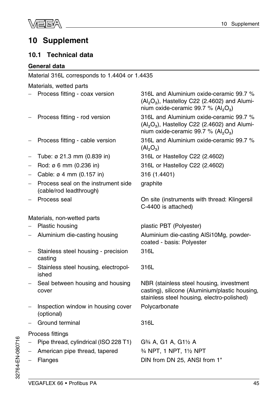 10 supplement, 1 technical data | VEGA VEGAFLEX 66 (-110…+400°C) Profibus PA User Manual | Page 45 / 68