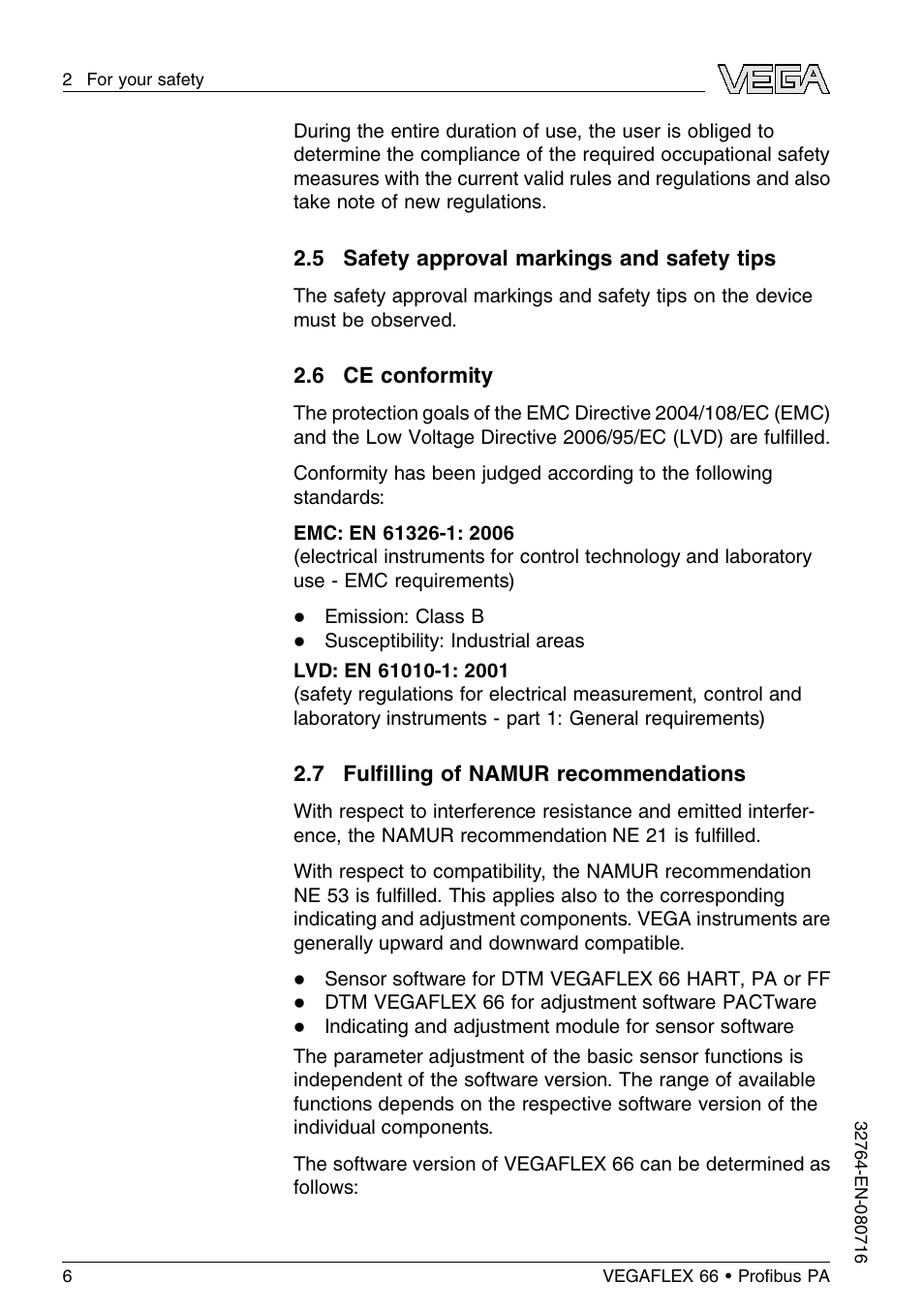 5 safety approval markings and safety tips, 6 ce conformity, 7 fulfilling of namur recommendations | VEGA VEGAFLEX 66 (-110…+400°C) Profibus PA User Manual | Page 6 / 68