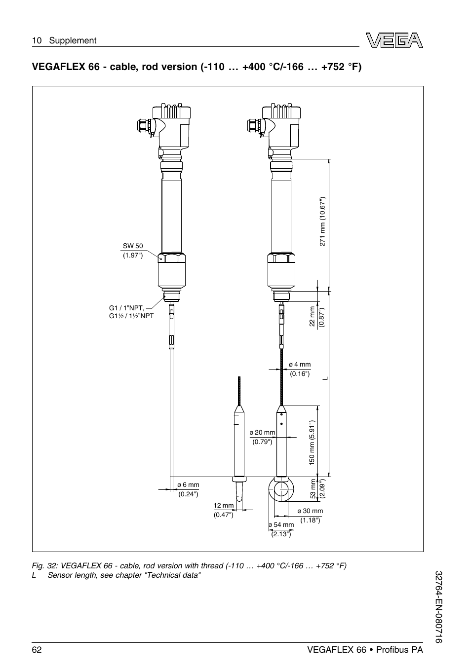 VEGA VEGAFLEX 66 (-110…+400°C) Profibus PA User Manual | Page 62 / 68