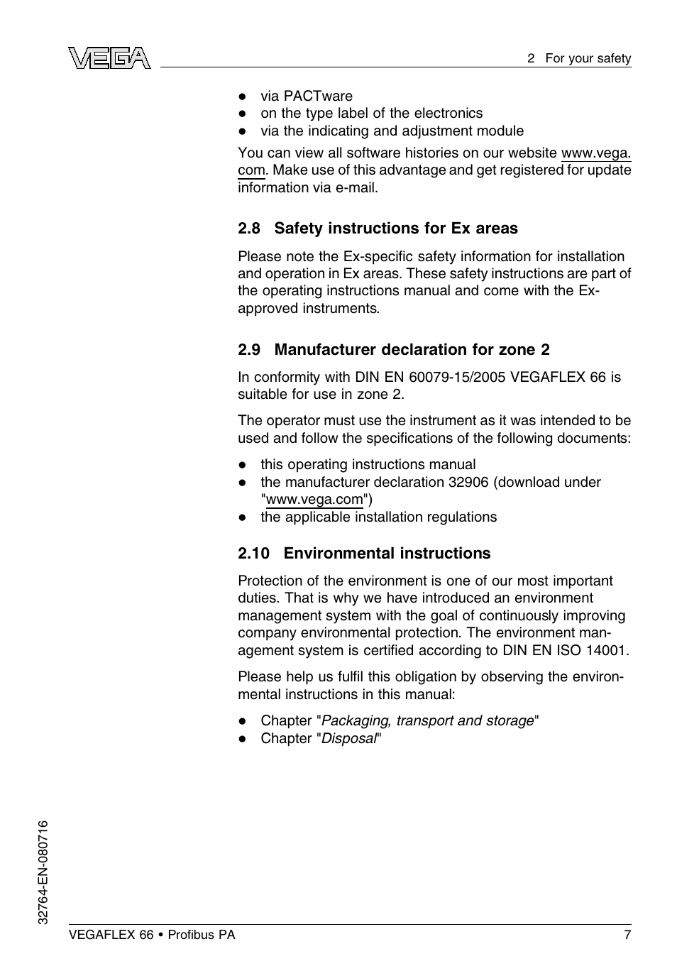 8 safety instructions for ex areas, 9 manufacturer declaration for zone 2, 10 environmental instructions | VEGA VEGAFLEX 66 (-110…+400°C) Profibus PA User Manual | Page 7 / 68