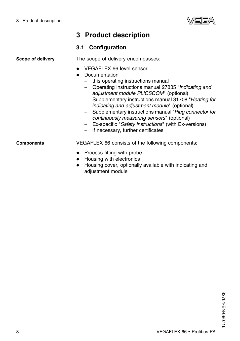 3 product description, 1 configuration | VEGA VEGAFLEX 66 (-110…+400°C) Profibus PA User Manual | Page 8 / 68