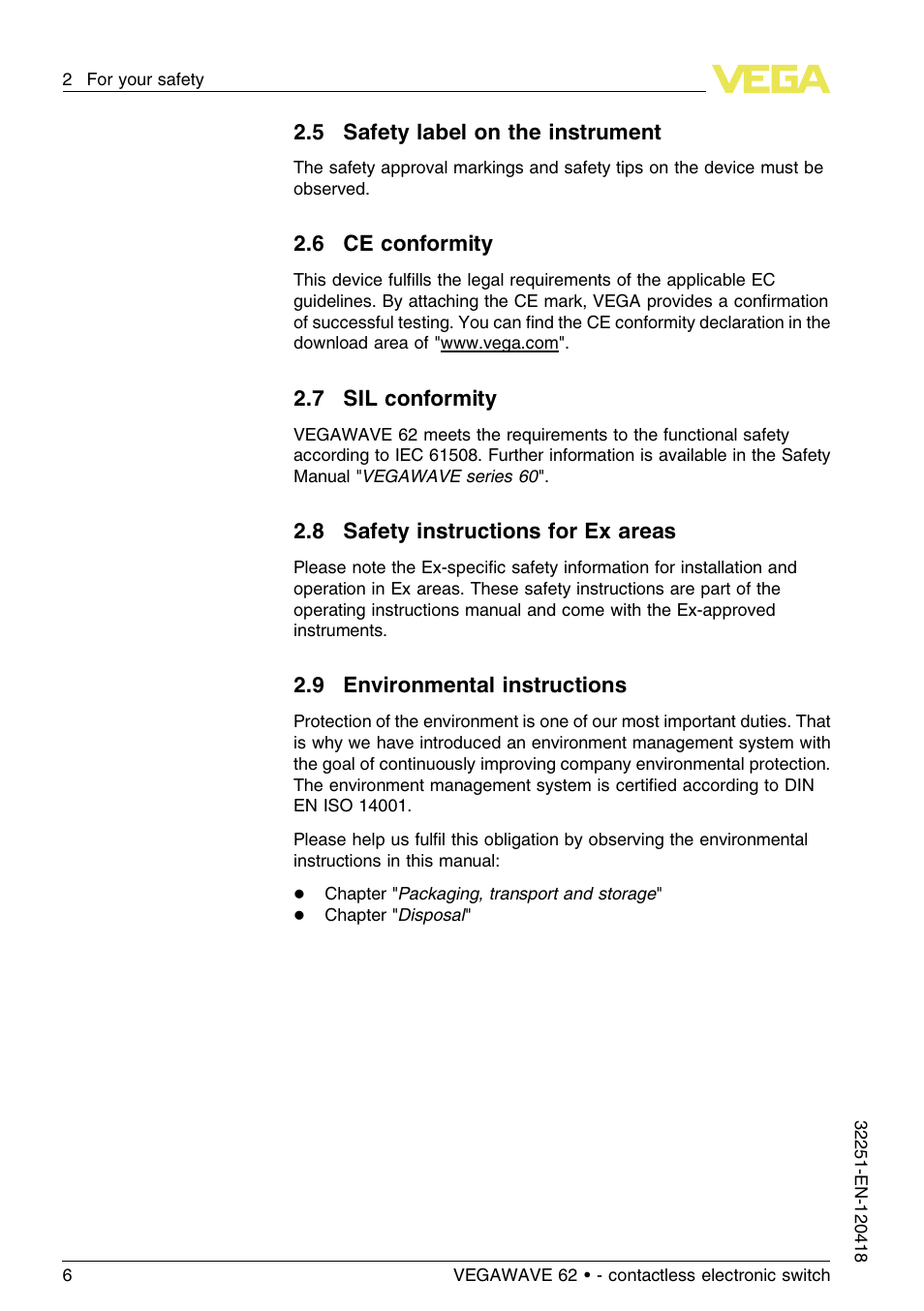 5 safety label on the instrument, 6 ce conformity, 7 sil conformity | 8 safety instructions for ex areas, 9 environmental instructions | VEGA VEGAWAVE 62 - contactless electronic switch User Manual | Page 6 / 36