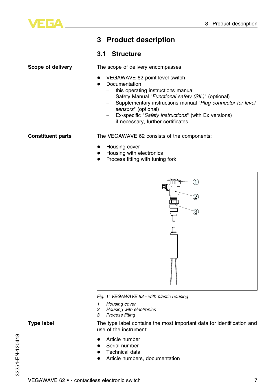 3 product description, 1 structure, 3product description | VEGA VEGAWAVE 62 - contactless electronic switch User Manual | Page 7 / 36