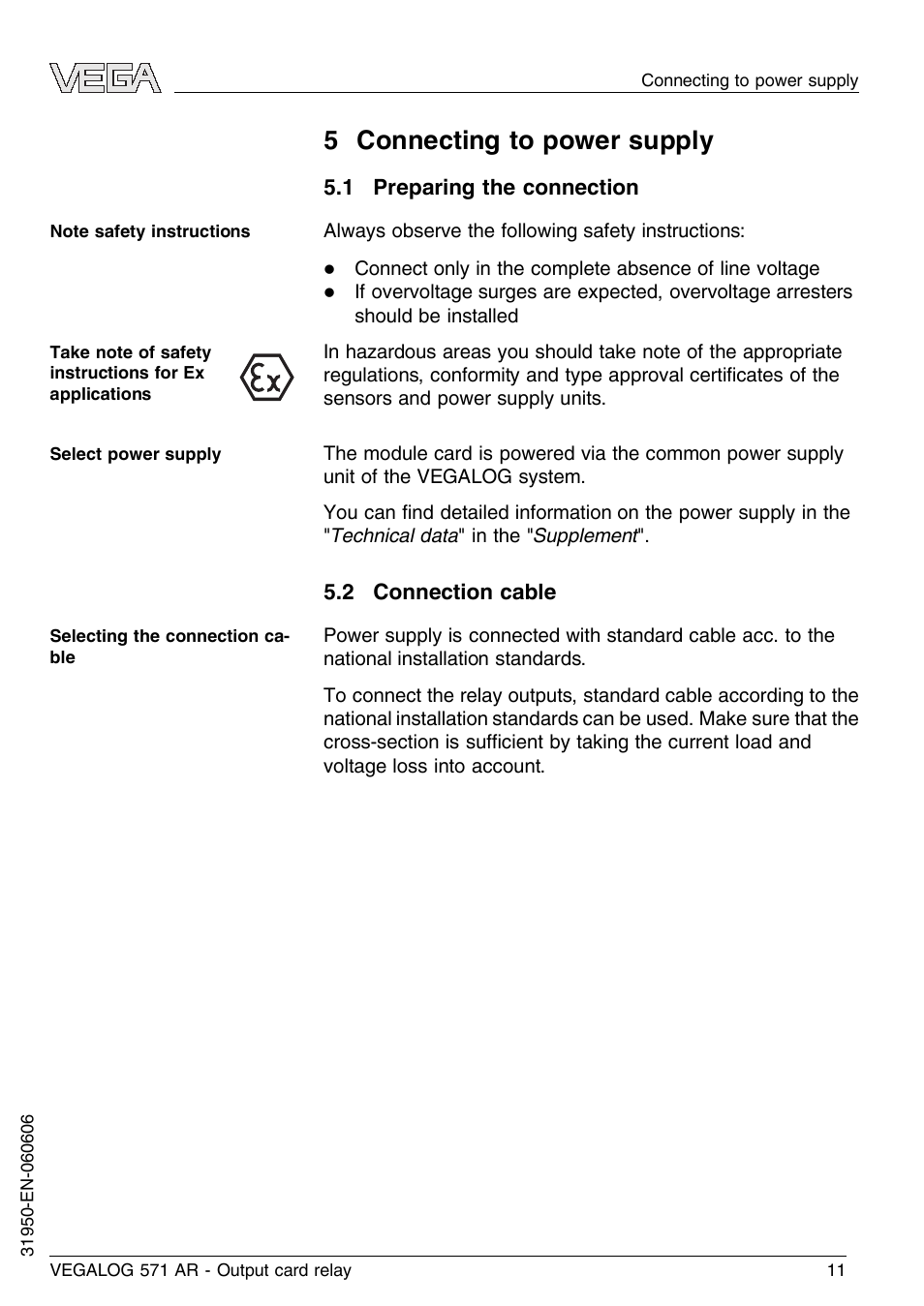 5 connecting to power supply, 1 preparing the connection, 2 connection cable | VEGA VEGALOG 571 AR User Manual | Page 11 / 24