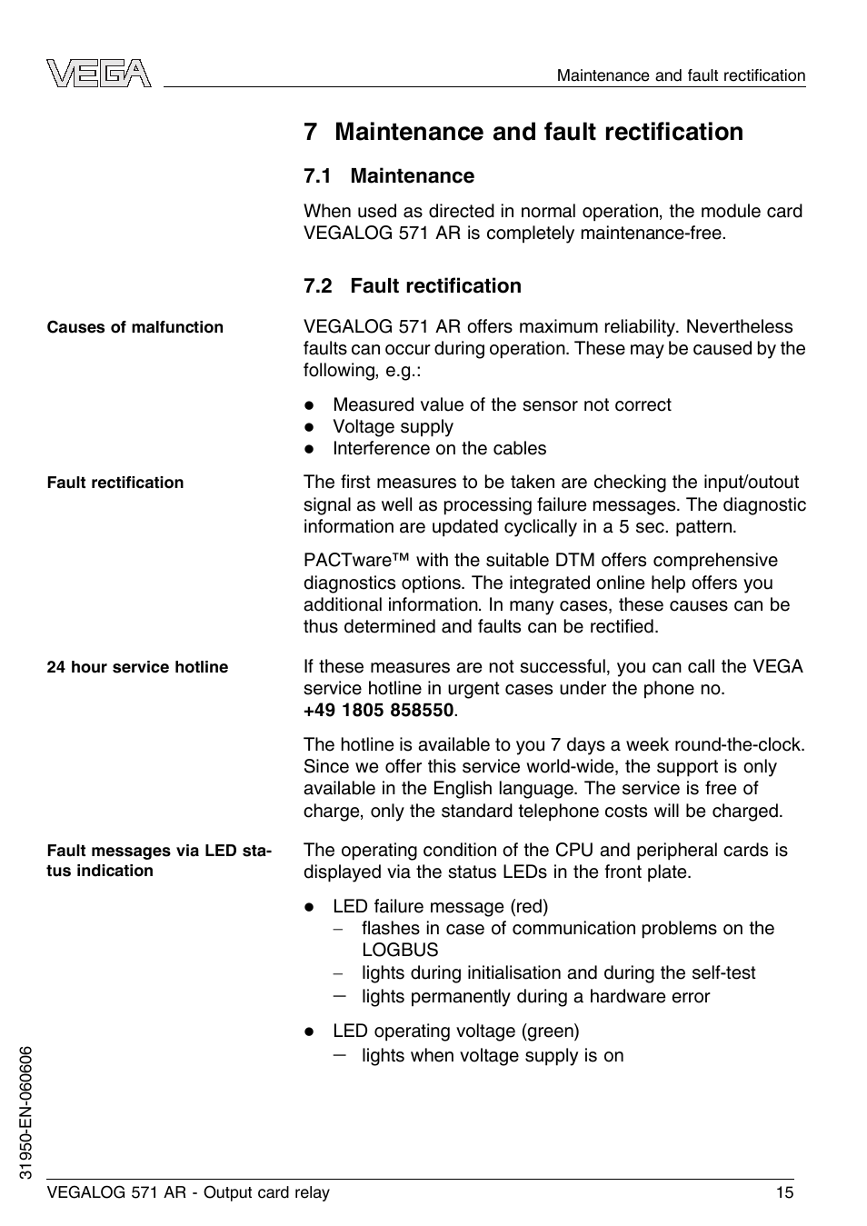 7 maintenance and fault rectification, 1 maintenance, 2 fault rectification | 7 maintenance and fault rectiﬁcation | VEGA VEGALOG 571 AR User Manual | Page 15 / 24
