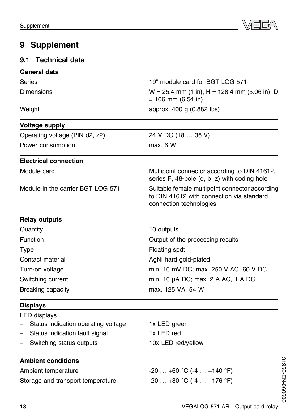 9 supplement, 1 technical data | VEGA VEGALOG 571 AR User Manual | Page 18 / 24