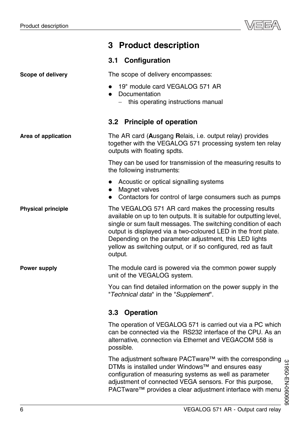 3 product description, 1 configuration, 2 principle of operation | 3 operation | VEGA VEGALOG 571 AR User Manual | Page 6 / 24