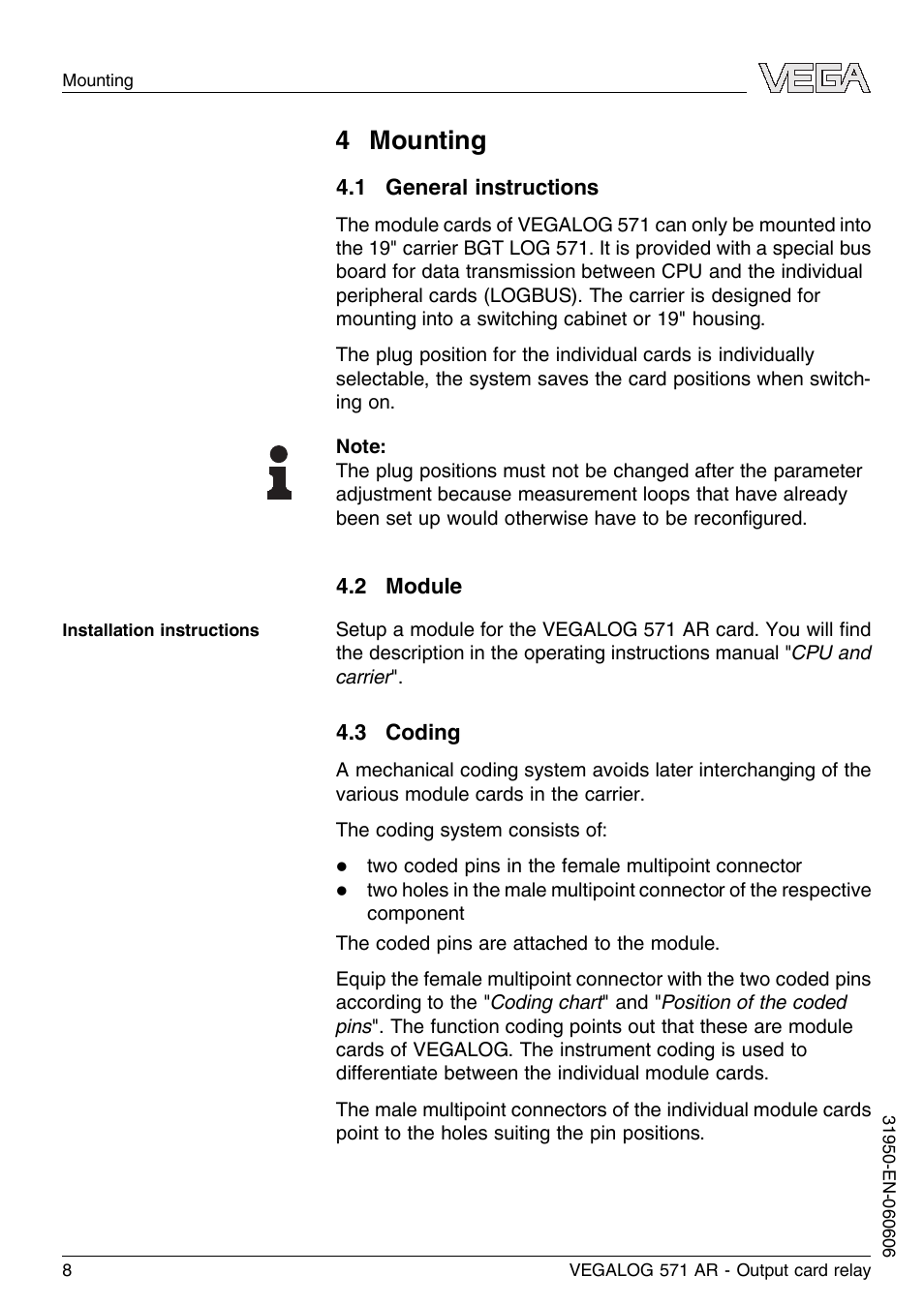 4 mounting, 1 general instructions, 2 module | 3 coding | VEGA VEGALOG 571 AR User Manual | Page 8 / 24