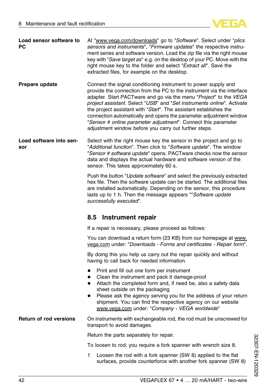 5 instrument repair | VEGA VEGAFLEX 67 (-20…+250°C) 4 … 20 mA_HART two-wire User Manual | Page 42 / 64