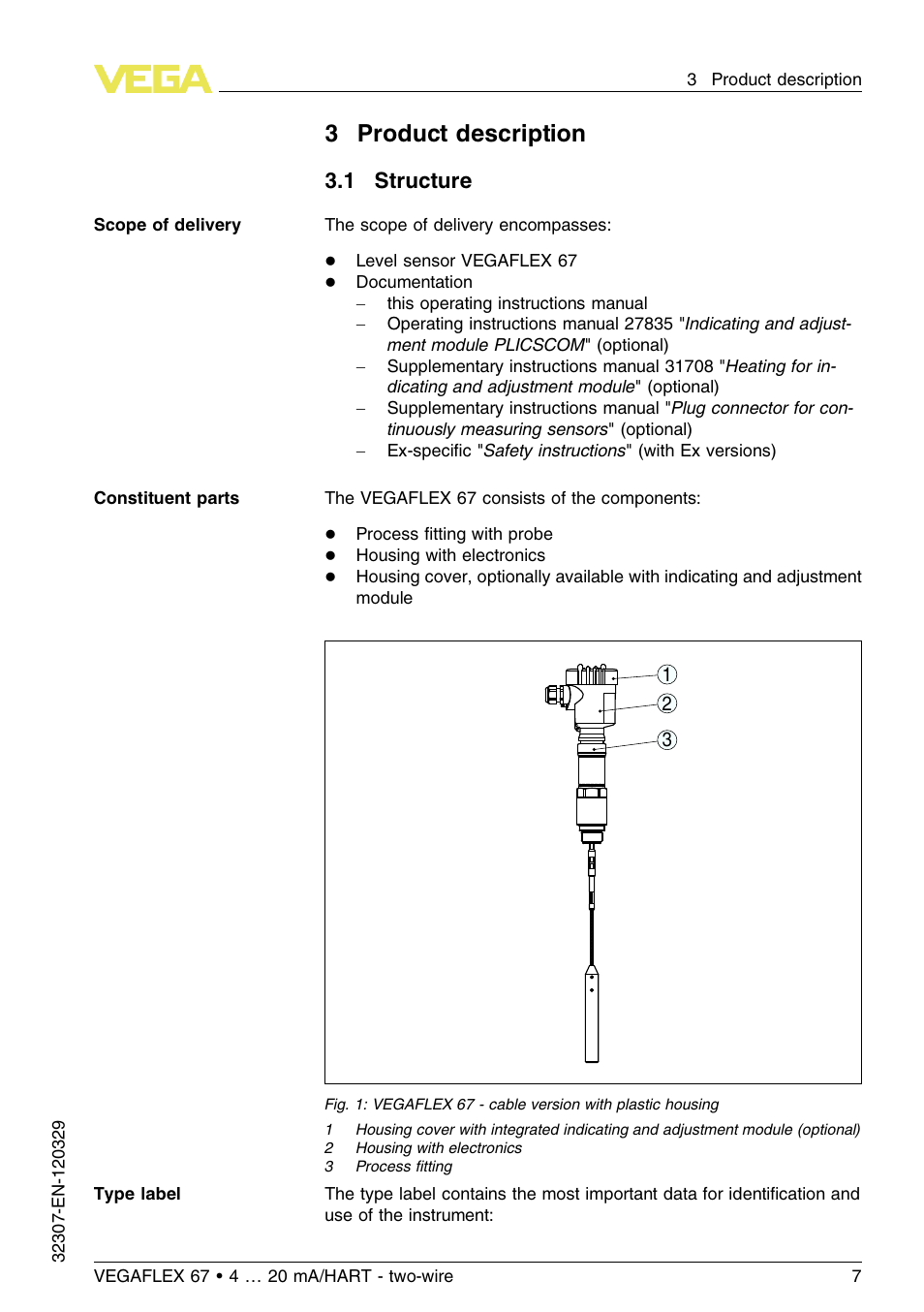 3 product description, 1 structure, 3product description | VEGA VEGAFLEX 67 (-20…+250°C) 4 … 20 mA_HART two-wire User Manual | Page 7 / 64