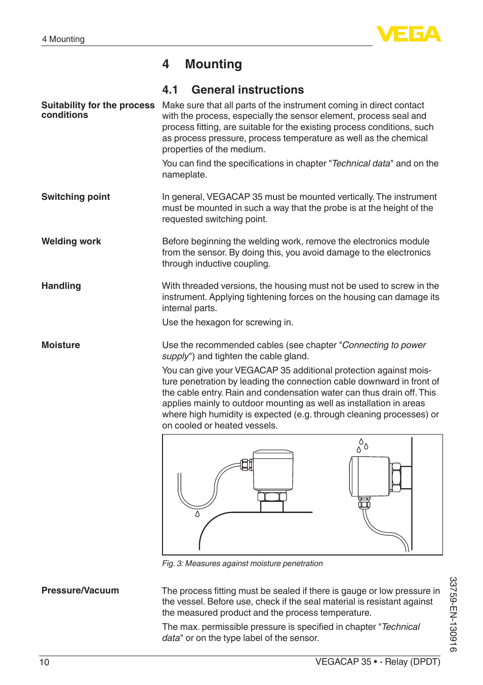 4 mounting, 1 general instructions | VEGA VEGACAP 35 - Relay (DPDT) User Manual | Page 10 / 36