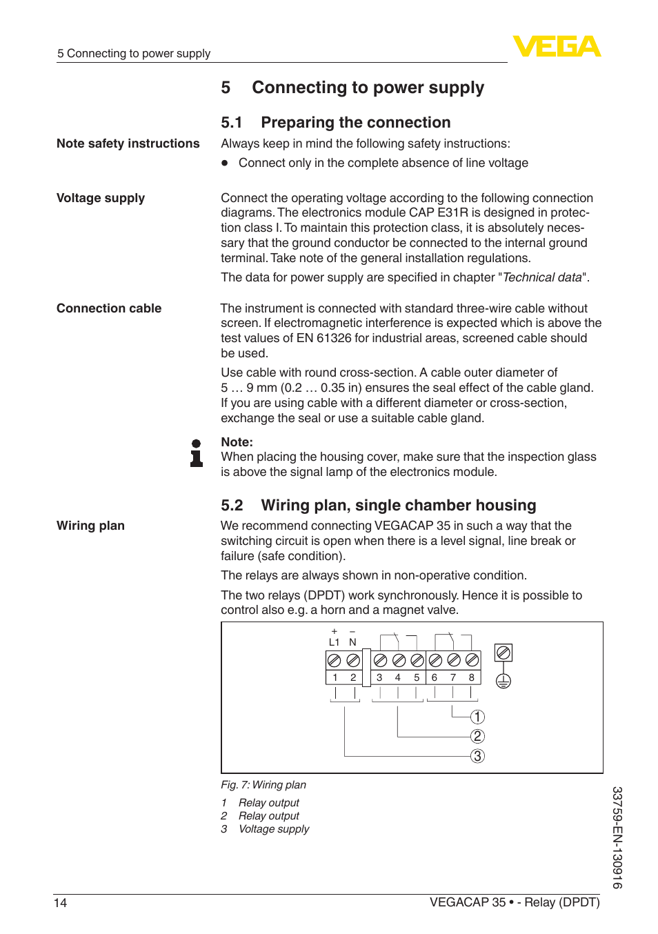 5 connecting to power supply, 1 preparing the connection, 2 wiring plan, single chamber housing | VEGA VEGACAP 35 - Relay (DPDT) User Manual | Page 14 / 36