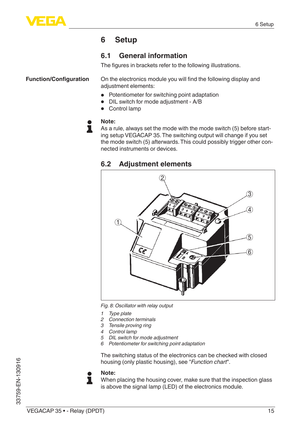 6 setup, 1 general information, 2 adjustment elements | VEGA VEGACAP 35 - Relay (DPDT) User Manual | Page 15 / 36