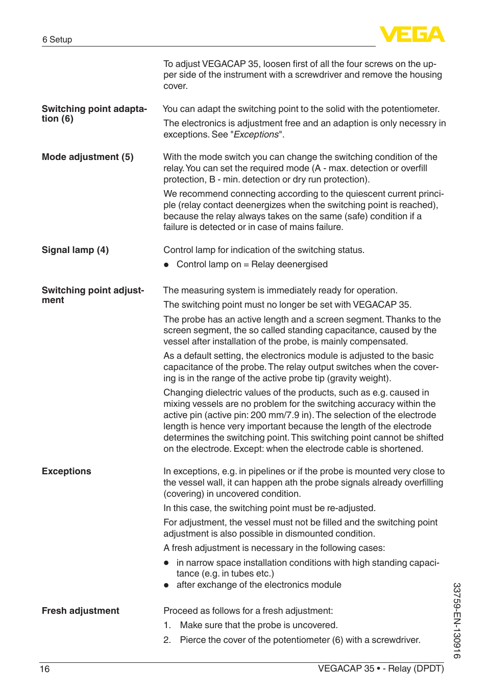 VEGA VEGACAP 35 - Relay (DPDT) User Manual | Page 16 / 36