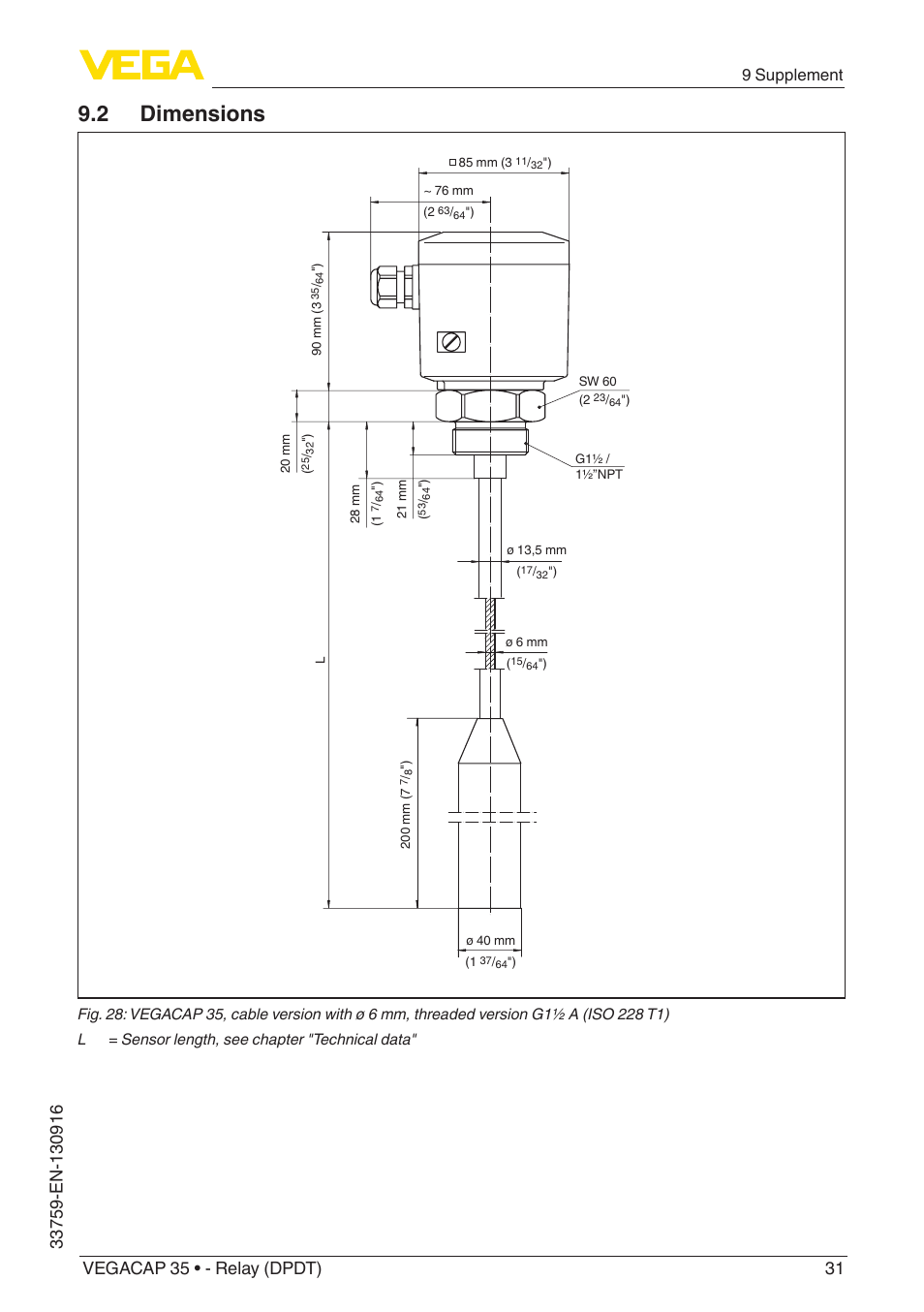 2 dimensions, 9 supplement | VEGA VEGACAP 35 - Relay (DPDT) User Manual | Page 31 / 36