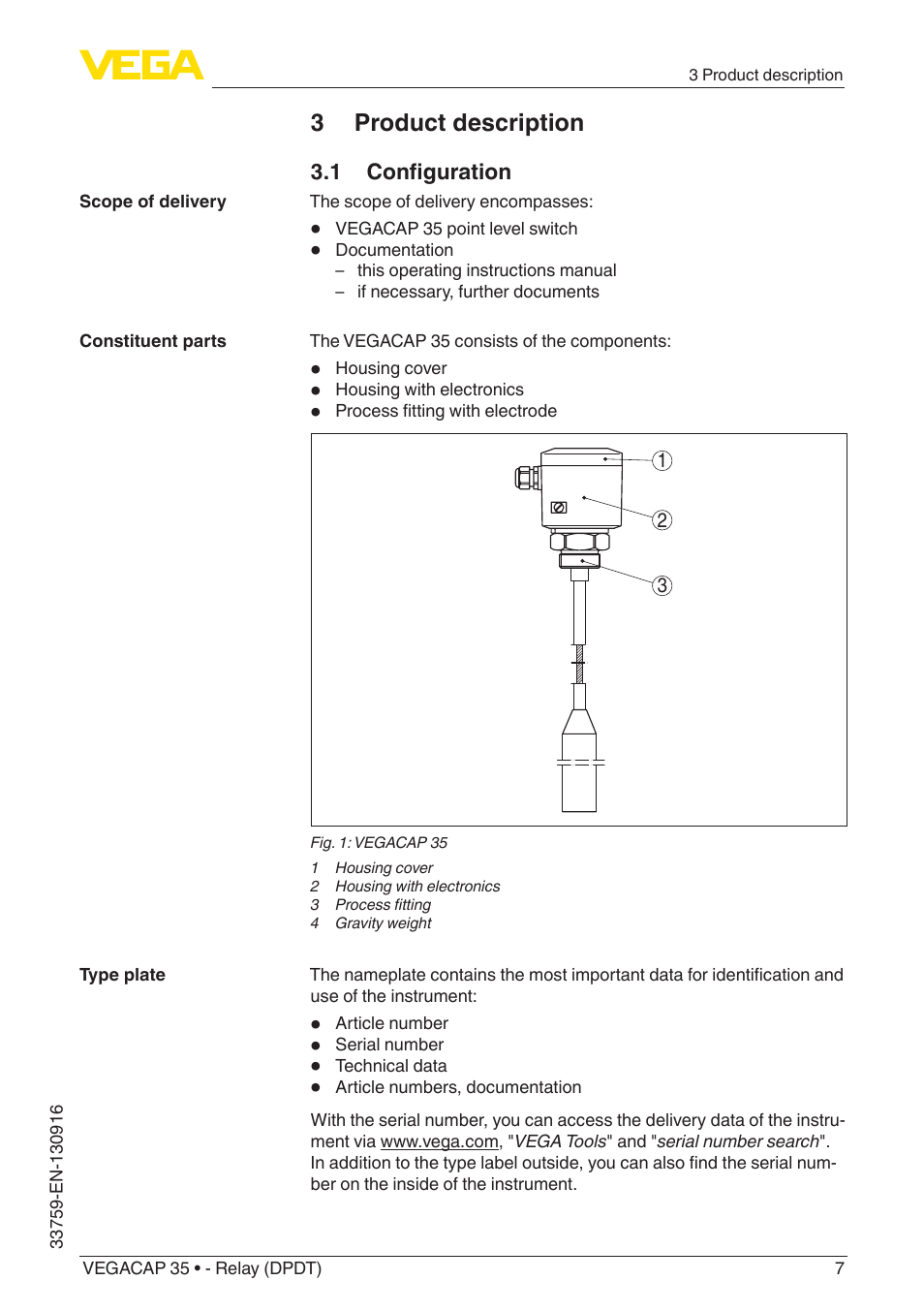3 product description, 1 configuration | VEGA VEGACAP 35 - Relay (DPDT) User Manual | Page 7 / 36