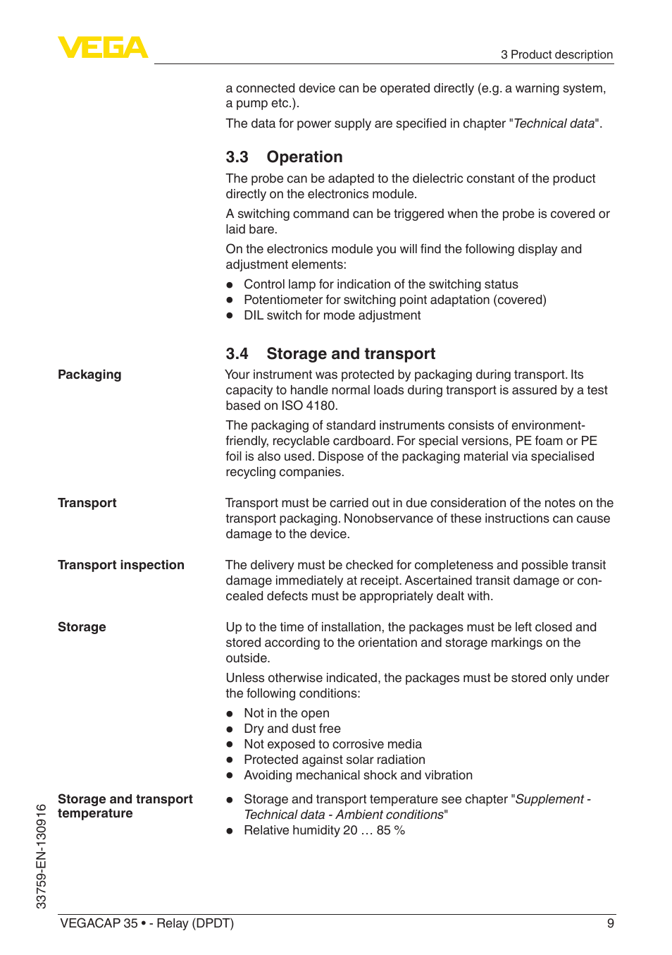 3 operation, 4 storage and transport | VEGA VEGACAP 35 - Relay (DPDT) User Manual | Page 9 / 36