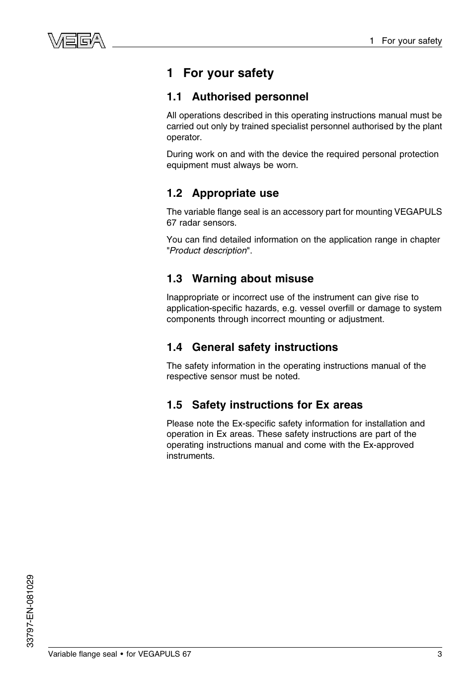 1 for your safety, 1 authorised personnel, 2 appropriate use | 3 warning about misuse, 4 general safety instructions, 5 safety instructions for ex areas, 1for your safety | VEGA VEGAPULS 67 Variable ﬂange seal User Manual | Page 3 / 8