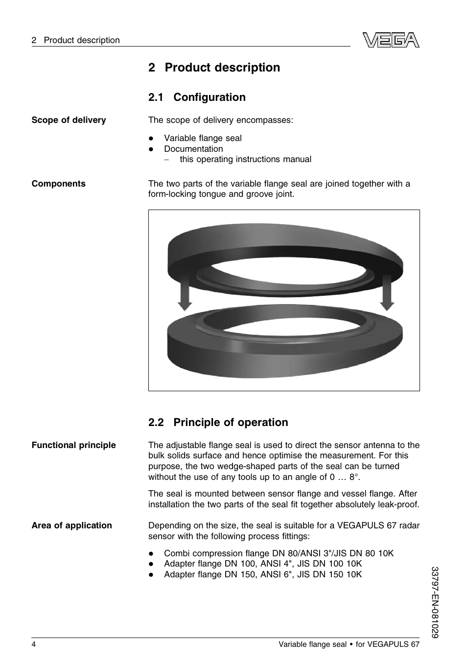 2 product description, 1 configuration, 2 principle of operation | 2product description, 1 conﬁguration | VEGA VEGAPULS 67 Variable ﬂange seal User Manual | Page 4 / 8