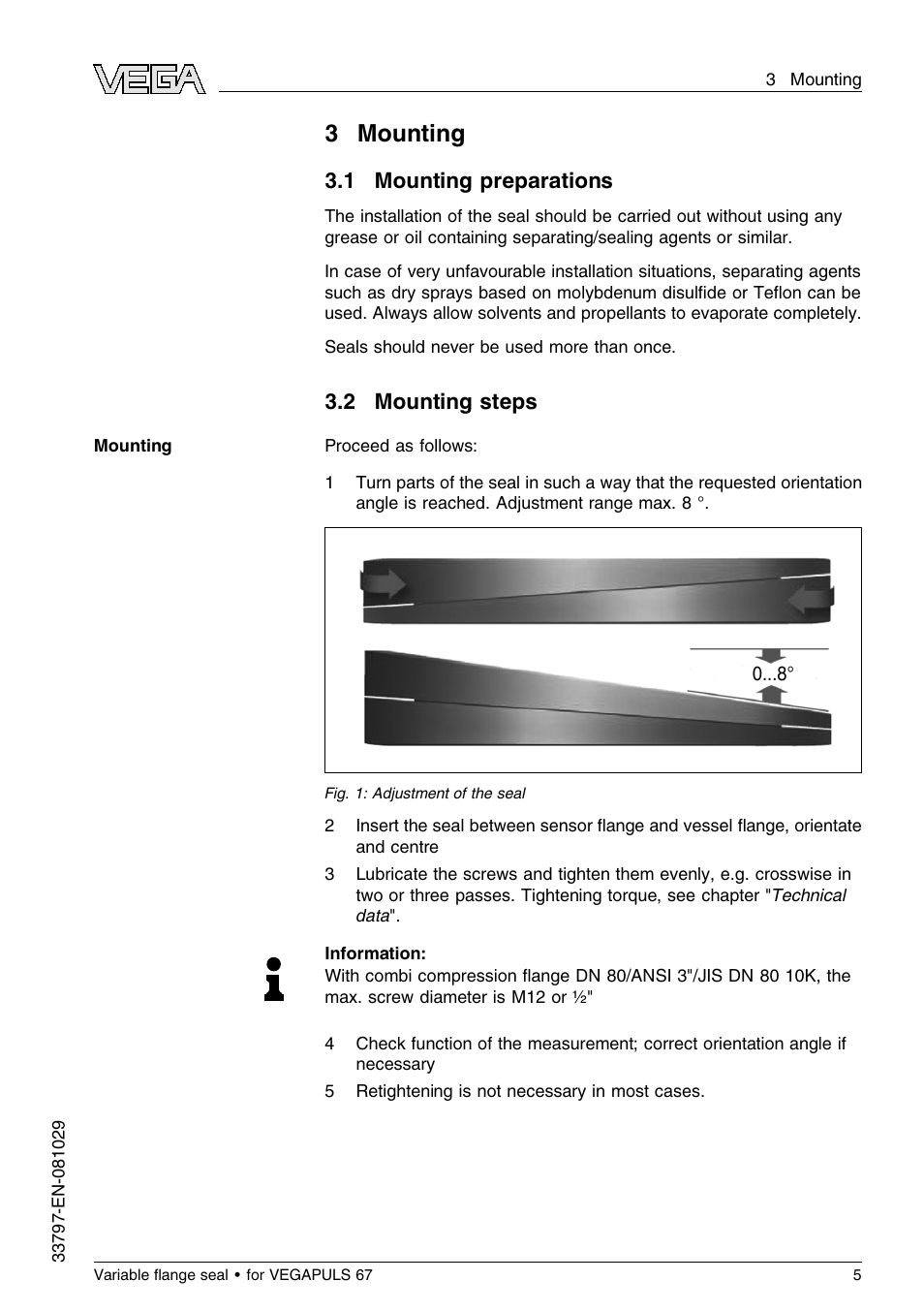 3 mounting, 1 mounting preparations, 2 mounting steps | 3mounting | VEGA VEGAPULS 67 Variable ﬂange seal User Manual | Page 5 / 8