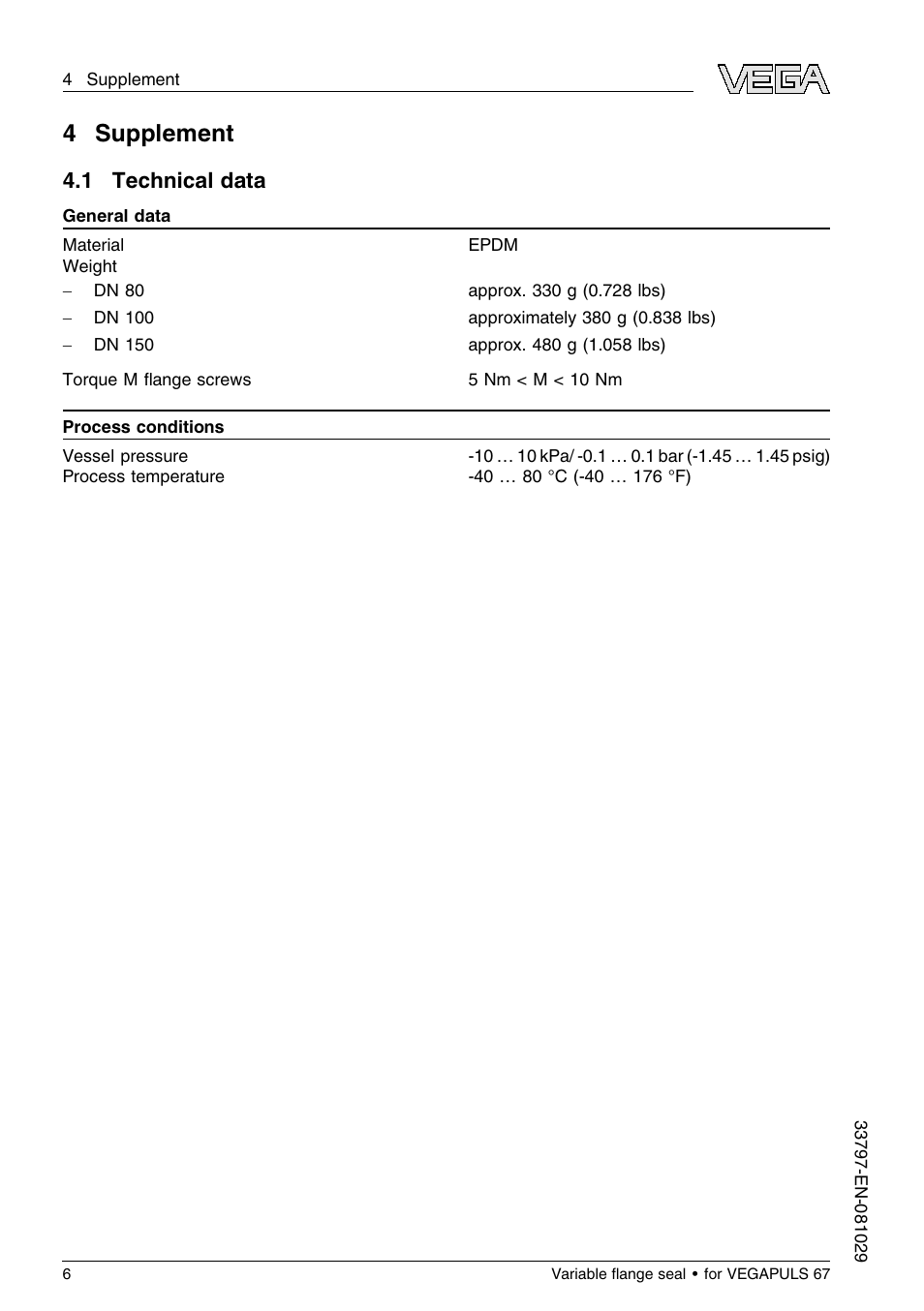4 supplement, 1 technical data, 4supplement | VEGA VEGAPULS 67 Variable ﬂange seal User Manual | Page 6 / 8
