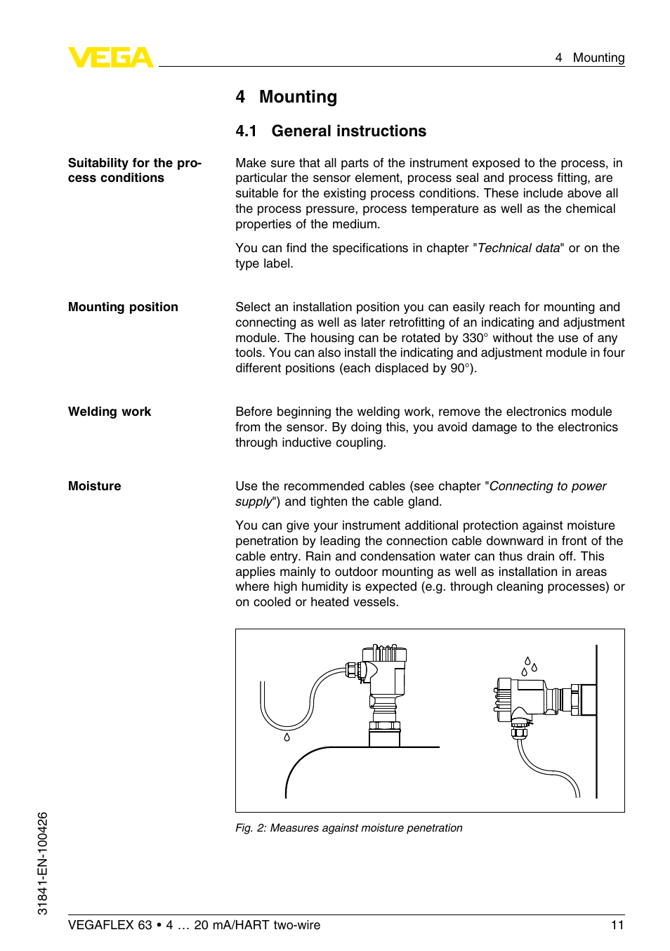 4 mounting, 1 general instructions, 4mounting | VEGA VEGAFLEX 63 4 … 20 mA_HART two-wire User Manual | Page 11 / 60