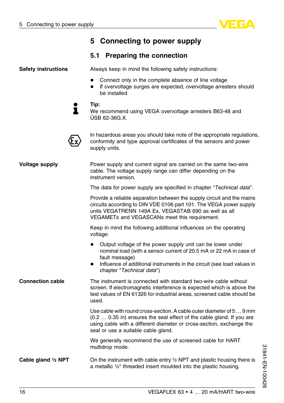 5 connecting to power supply, 1 preparing the connection, 5connecting to power supply | VEGA VEGAFLEX 63 4 … 20 mA_HART two-wire User Manual | Page 16 / 60