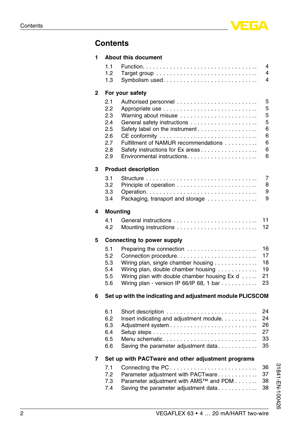 VEGA VEGAFLEX 63 4 … 20 mA_HART two-wire User Manual | Page 2 / 60
