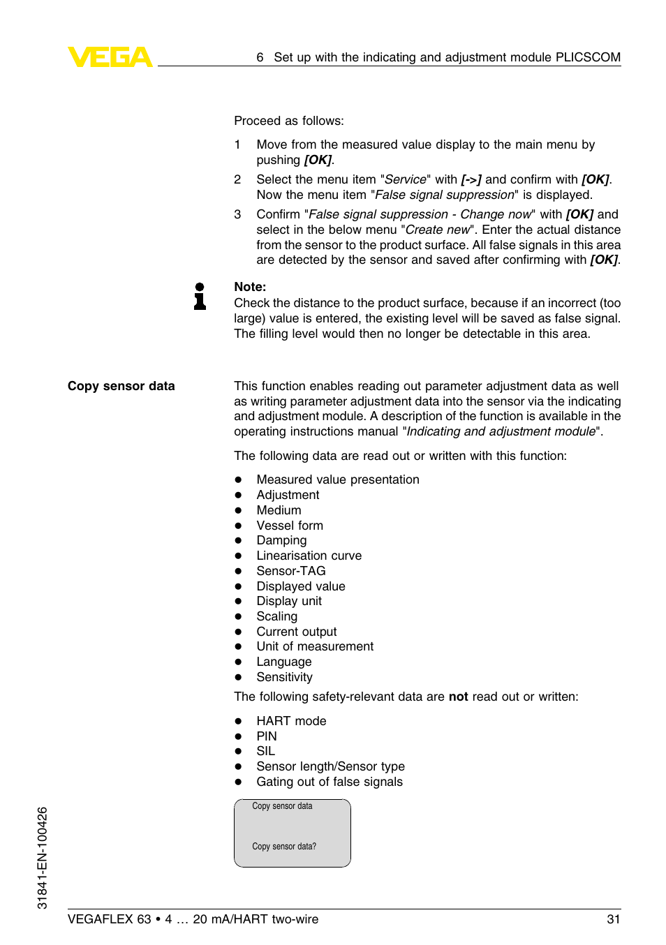 VEGA VEGAFLEX 63 4 … 20 mA_HART two-wire User Manual | Page 31 / 60