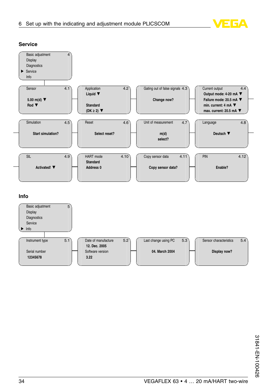 Service, Info | VEGA VEGAFLEX 63 4 … 20 mA_HART two-wire User Manual | Page 34 / 60