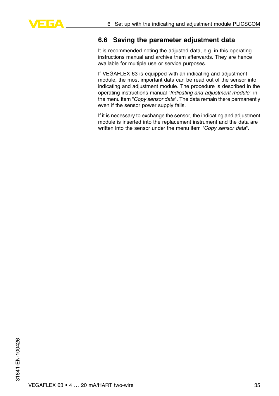 6 saving the parameter adjustment data | VEGA VEGAFLEX 63 4 … 20 mA_HART two-wire User Manual | Page 35 / 60