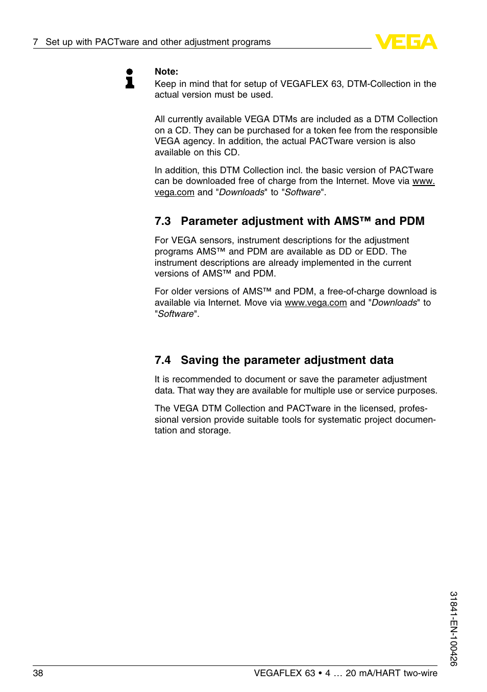3 parameter adjustment with ams™ and pdm, 4 saving the parameter adjustment data | VEGA VEGAFLEX 63 4 … 20 mA_HART two-wire User Manual | Page 38 / 60