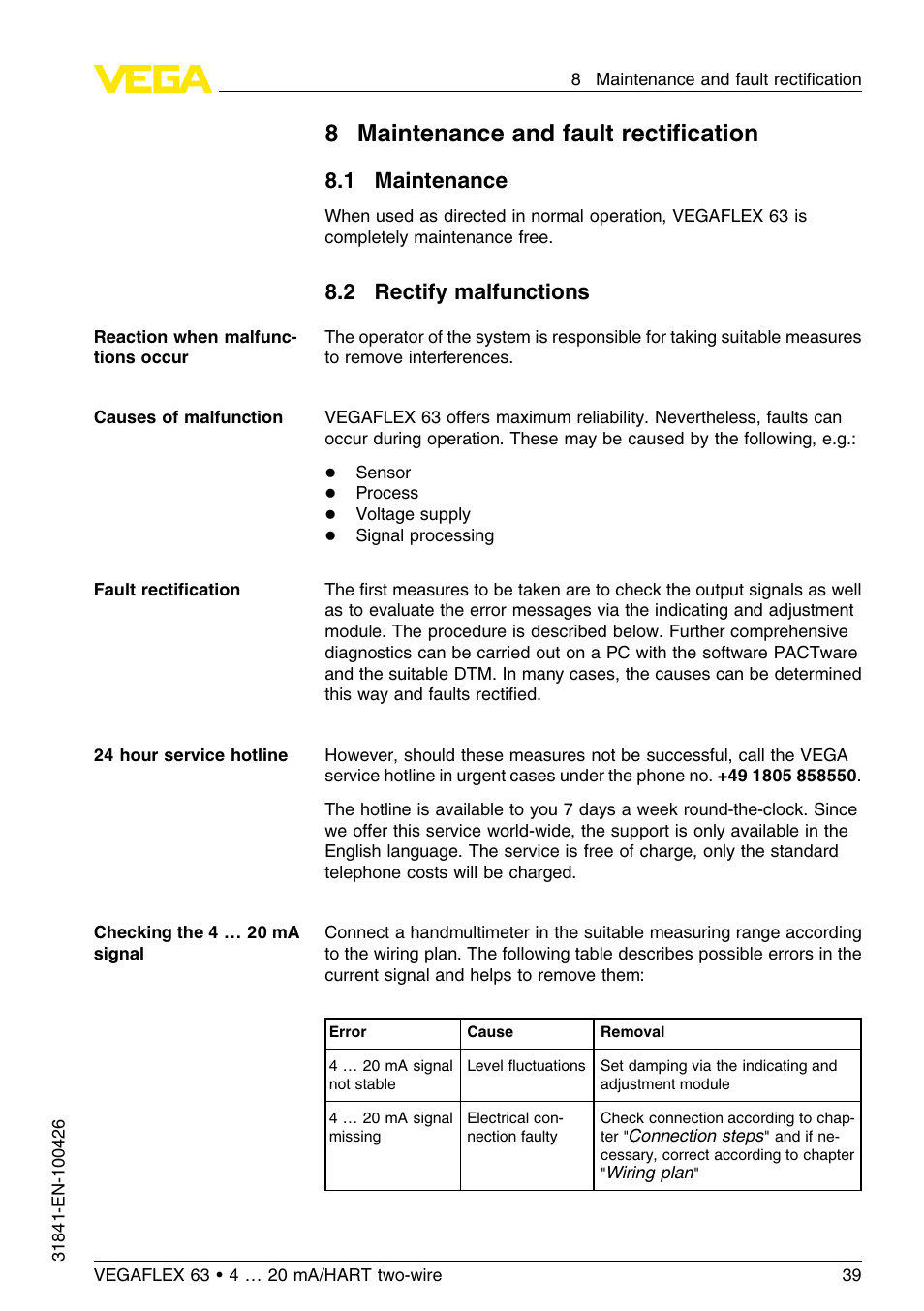 8 maintenance and fault rectification, 1 maintenance, 2 rectify malfunctions | 8maintenance and fault rectiﬁcation | VEGA VEGAFLEX 63 4 … 20 mA_HART two-wire User Manual | Page 39 / 60