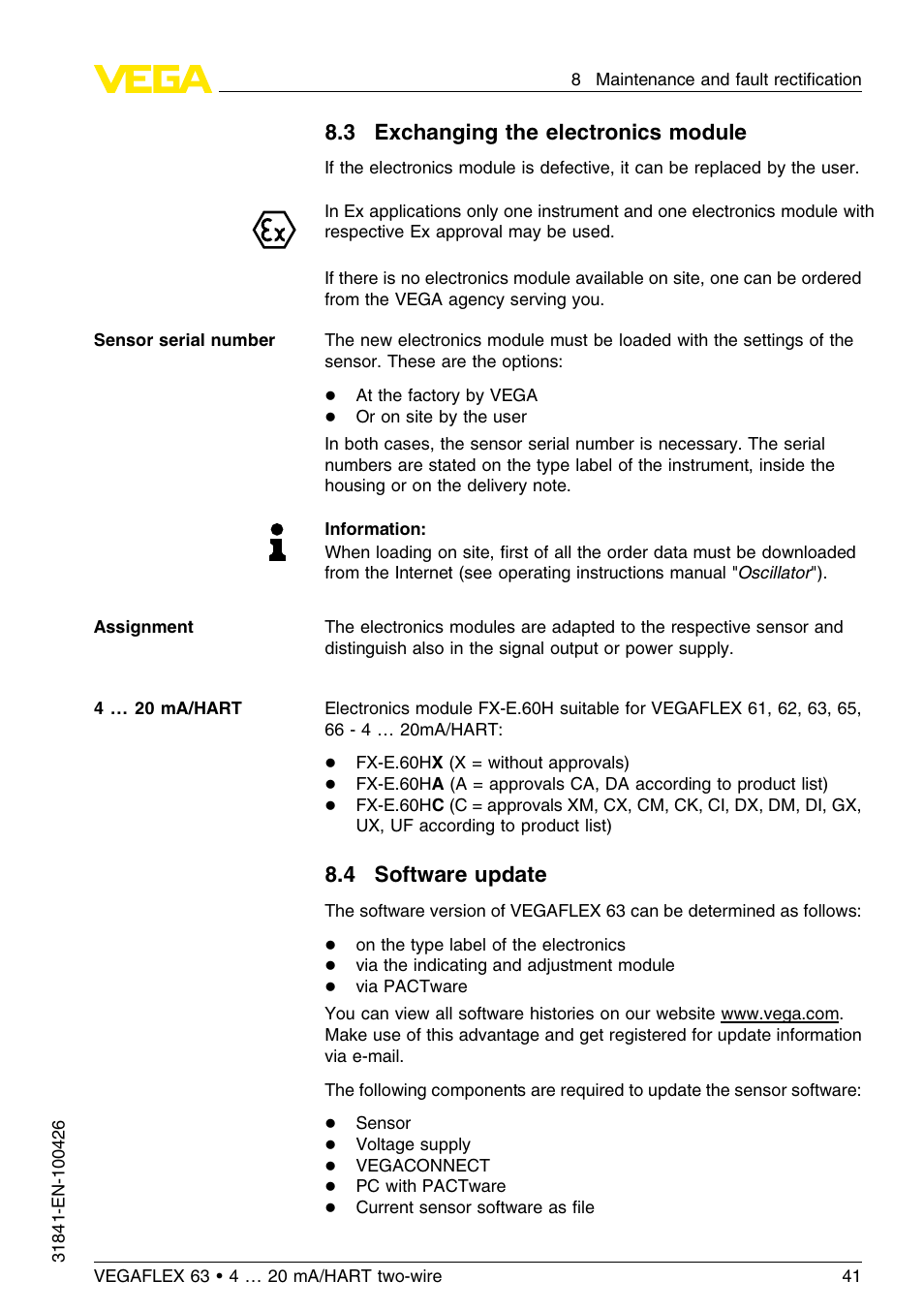 3 exchanging the electronics module, 4 software update | VEGA VEGAFLEX 63 4 … 20 mA_HART two-wire User Manual | Page 41 / 60