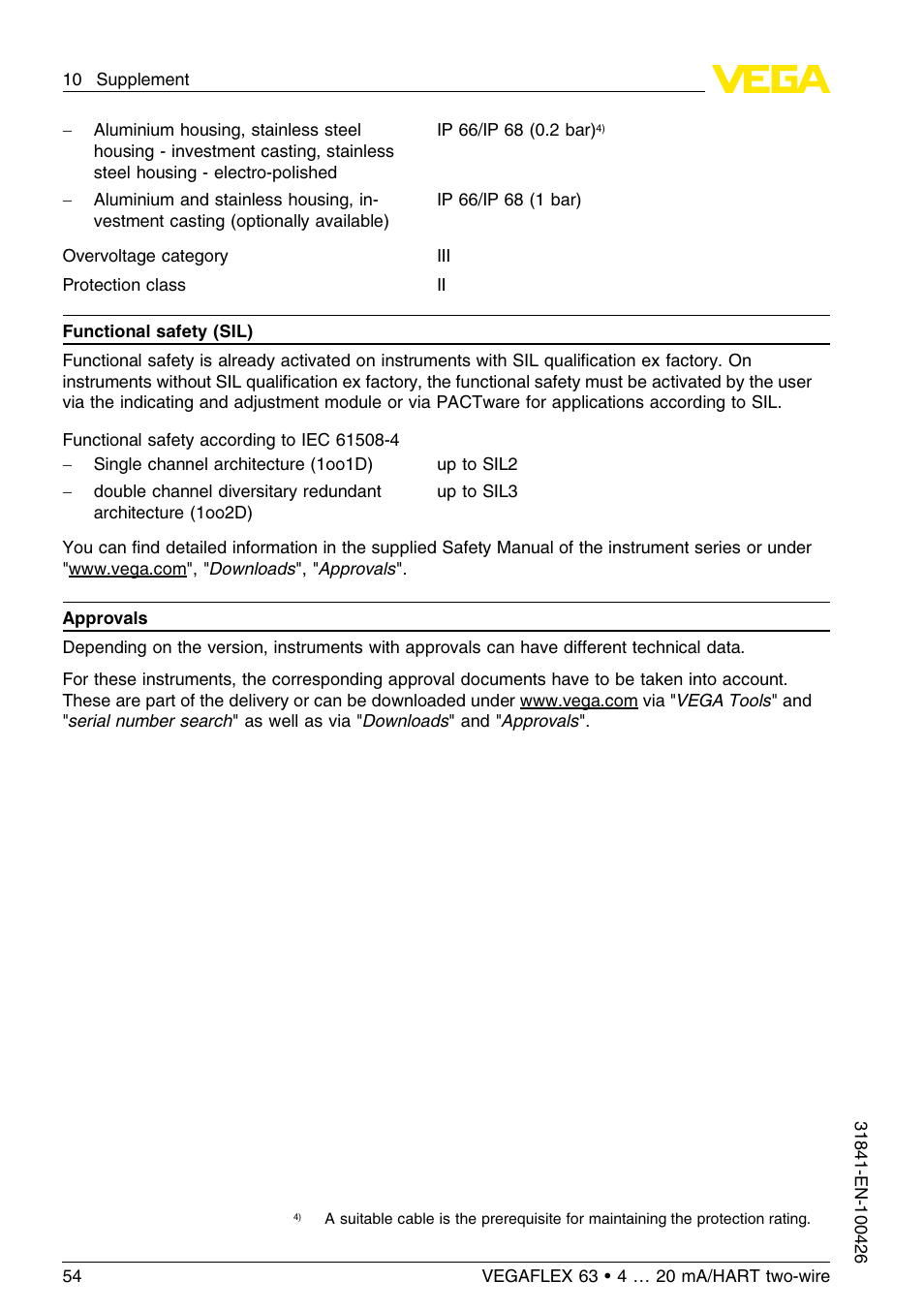 VEGA VEGAFLEX 63 4 … 20 mA_HART two-wire User Manual | Page 54 / 60