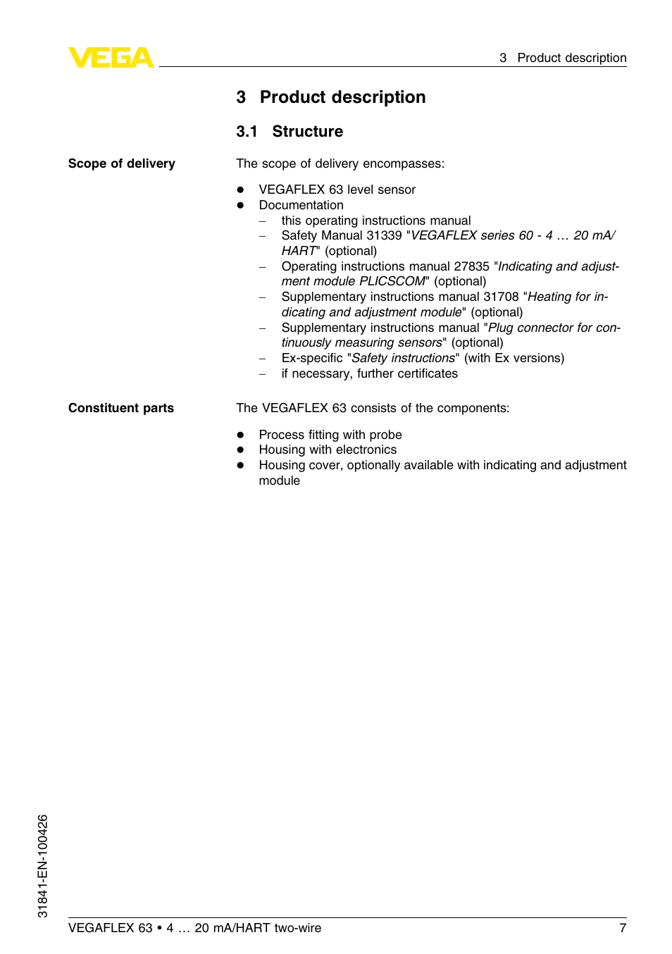 3 product description, 1 structure, 3product description | VEGA VEGAFLEX 63 4 … 20 mA_HART two-wire User Manual | Page 7 / 60