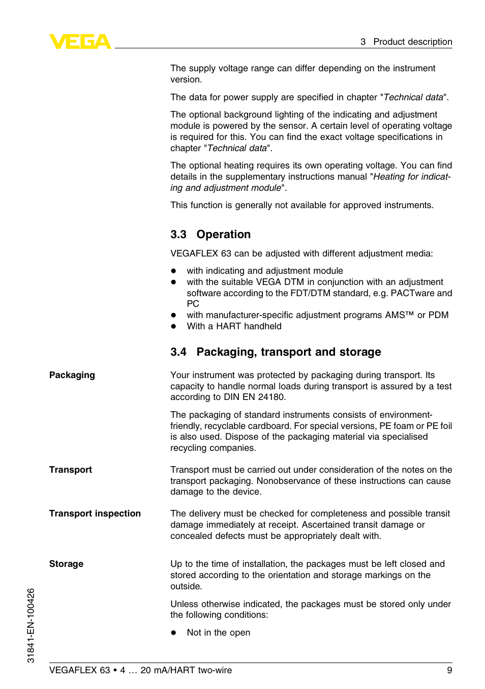 3 operation, 4 packaging, transport and storage | VEGA VEGAFLEX 63 4 … 20 mA_HART two-wire User Manual | Page 9 / 60