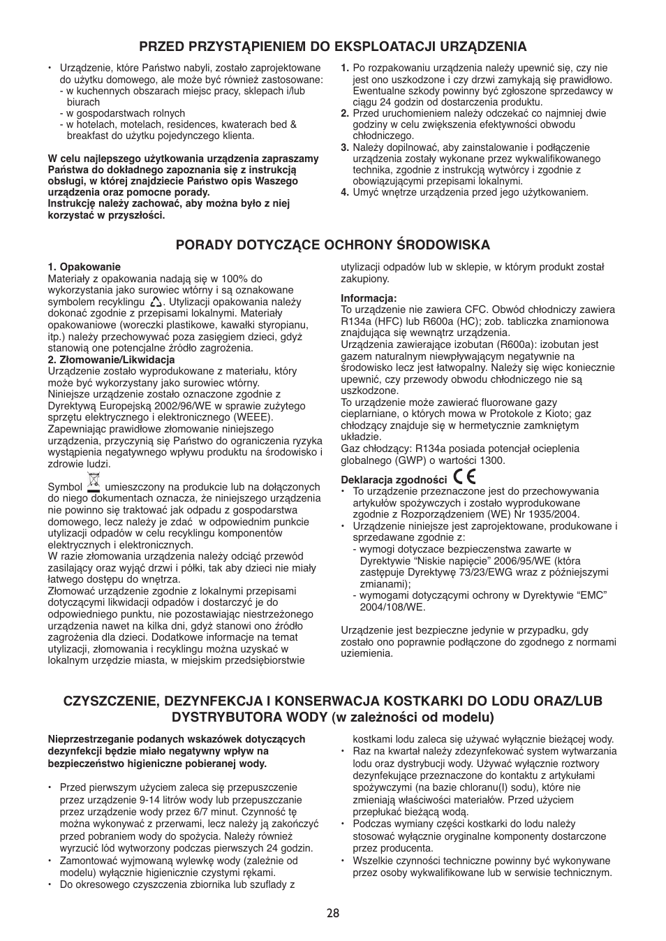 Przed przystąpieniem do eksploatacji urządzenia, Porady dotyczące ochrony środowiska | Whirlpool WSN 5554 A+X User Manual | Page 28 / 56