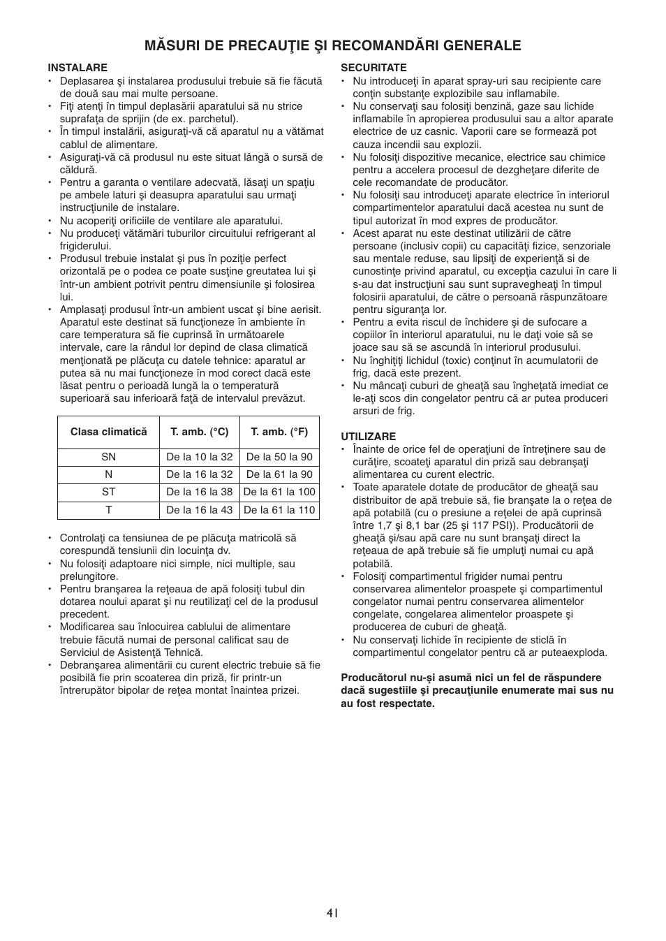 Măsuri de precauţie şi recomandări generale | Whirlpool WSN 5554 A+X User Manual | Page 41 / 56